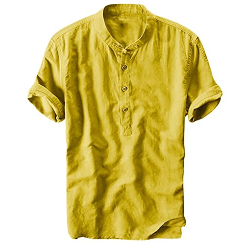 Celucke Oversize Leinenhemd Herren Kurzarm Grandad Ausschnitt, Männer Freizeithemd Henley Shirt Sommer Casual Hemden Leichte Atmungsaktives Bequem Leinen Sommerhemden (Gelb,XXXL) von Celucke