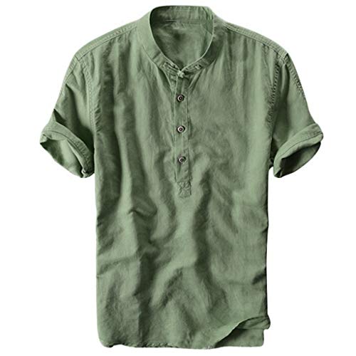 Celucke Oversize Leinenhemd Herren Kurzarm Grandad Ausschnitt, Männer Freizeithemd Henley Shirt Sommer Casual Hemden Leichte Atmungsaktives Bequem Leinen Sommerhemden (Grün, XXL) von Celucke