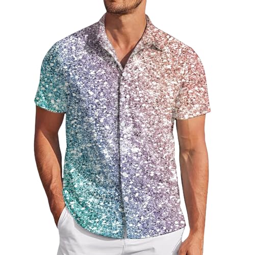 Celucke Glitzer Hemd Herren Langarm Revers Button Down Shirtglänzend Frezeit Hemd für Party Nachtclub Karneval 3D Druck Mode Glitzer Langarmhemd 70er Disco Party Kustüm Top von Celucke