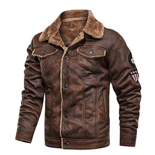 Celucke Pilotenjacke Herren Lederjacke gefütterter Winterjacke aus Kunstleder mit Kunstpelzfutter, Männer Winter Warme Jacke Vintage Bikerjacke (Braun, M) von Celucke