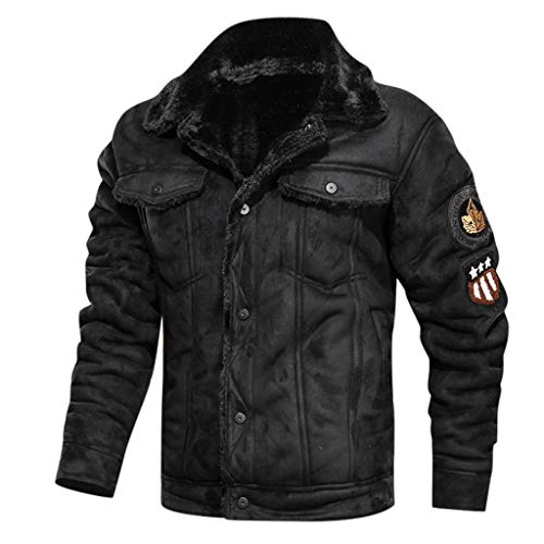 Celucke Pilotenjacke Herren Lederjacke gefütterter Winterjacke aus Kunstleder mit Kunstpelzfutter, Männer Winter Warme Jacke Vintage Bikerjacke (Schwarz, XL) von Celucke