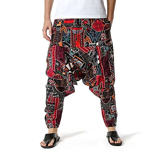 Celucke Pluderhose Herren Haremshose Baggy Pumphose Leinenhose Loose Freizeithose Drucken Aladinhose Yoga Hose Elfen Bohème Hosenträger Hosen von Celucke