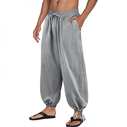 Celucke Pumphose Leinenhose Männer Haremshose Sommer Baumwolle Leinen Schnürhose Freizeithose Casual Strandhosen Lang Hose Einfarbig Strand Urlaub Bequem Leichte Atmungsaktive Yogahose von Celucke