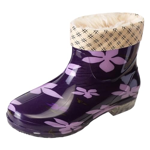 Celucke Regenstiefel Damen Kurz GefüTtert Gummistiefel Wasserdicht Rain Boots Kristall-Blumenmuster Gummischuhe Baumwolle Wasserstiefel rutschfest Schuhe Outdoor Damenstiefel Regen Wasserschuhe von Celucke