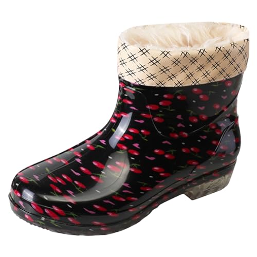 Celucke Regenstiefel Damen Kurz GefüTtert Gummistiefel Wasserdicht Rain Boots Kristall-Blumenmuster Gummischuhe Baumwolle Wasserstiefel rutschfest Schuhe Outdoor Damenstiefel Regen Wasserschuhe von Celucke