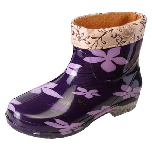 Celucke Regenstiefel Damen Kurz GefüTtert Gummistiefel Wasserdicht Rain Boots Kristall-Blumenmuster Gummischuhe Baumwolle Wasserstiefel rutschfest Schuhe Outdoor Damenstiefel Regen Wasserschuhe von Celucke