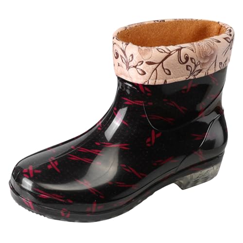 Celucke Regenstiefel Damen Kurz GefüTtert Gummistiefel Wasserdicht Rain Boots Kristall-Blumenmuster Gummischuhe Baumwolle Wasserstiefel rutschfest Schuhe Outdoor Damenstiefel Regen Wasserschuhe von Celucke