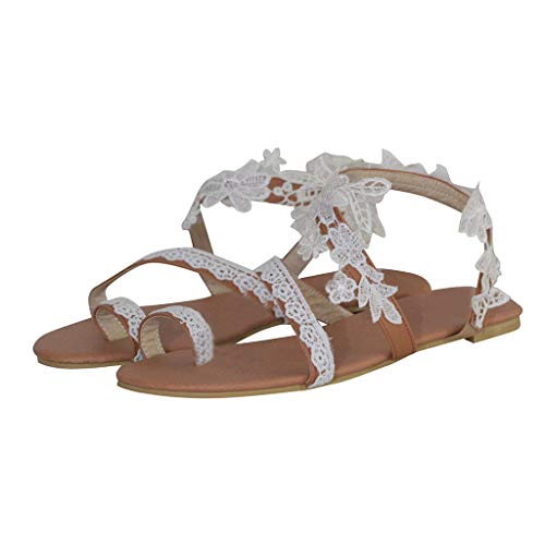 Celucke Sandalen Damen Sommer mit Perle,Brautschuhe Flach Zehenschlaufe Sandaletten,Böhmen Strandsandalen Elegante Freizeit Vintage Römische Zehentrenner Komfortable Schuhe von Celucke