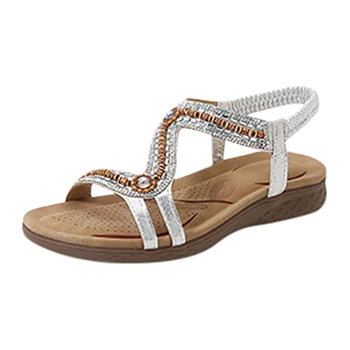 Celucke Sandalen Damen Strass Sandalette Sandaletten Sandals Boheme Beach Strasssandalen Damensandalen Schuhe Sommerschuhe Damenschuhe (Silver, 38) von Celucke