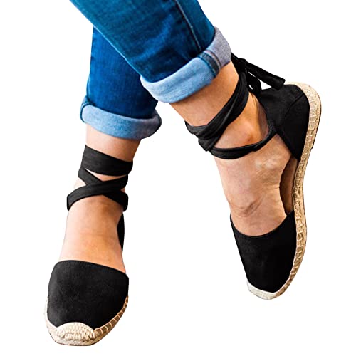 Celucke Sandalette Damen Espadrilles Sommer Espandrillos Frauen Schuhe Mode Freizeitschuhe Flache Schnürung Freizeit Römische Sandaletten mit Geschlossene Strand Elegante Sommerschuhe von Celucke