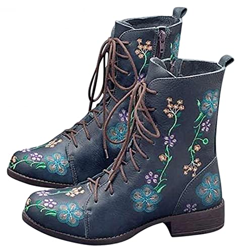 Celucke Schnürstiefel Damen Retro Halbhoch Stiefeletten mit Absatz Schnürung Ankle Boots Klobige Stiefelette Freizeit Stiefel von Celucke