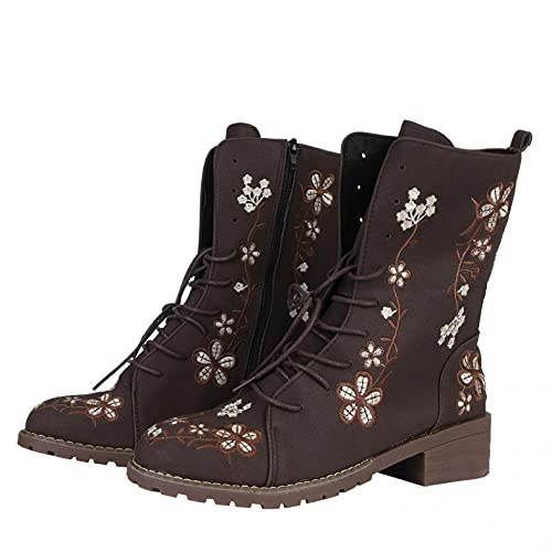 Celucke Schnürstiefel Damen Retro Halbhoch Stiefeletten mit Absatz Schnürung Ankle Boots Klobige Stiefelette Freizeit Stiefel von Celucke