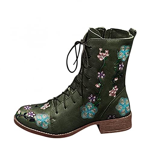 Celucke Schnürstiefel Damen Retro Halbhoch Stiefeletten mit Absatz Schnürung Ankle Boots Klobige Stiefelette Freizeit Stiefel von Celucke