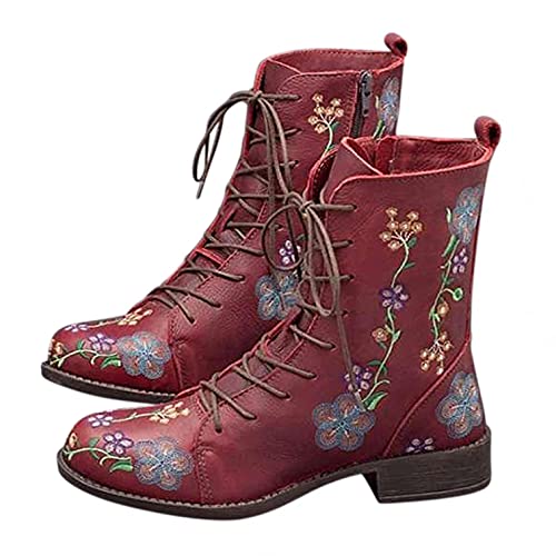 Celucke Schnürstiefel Damen Retro Halbhoch Stiefeletten mit Absatz Schnürung Ankle Boots Klobige Stiefelette Freizeit Stiefel von Celucke