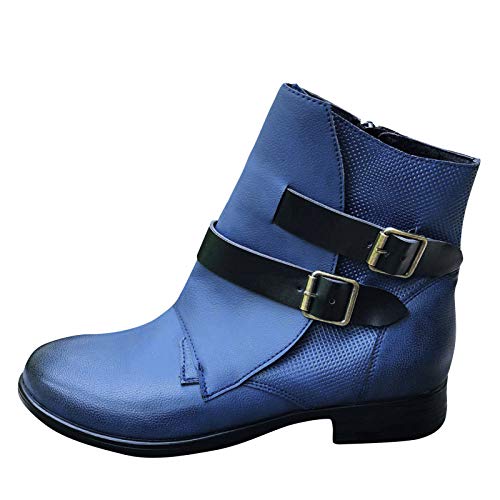Celucke Stiefeletten Damen Ankle-Boots mit Schnalle, Vintage Kurzstiefel Frauen Flache Stiefel Damenschuhe Mode Elegant Halbstiefel (Blau, 40) von Celucke
