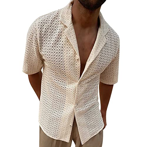 Celucke Strickhemd Herren Hohloberteil Sommer Aatmungsaktiv Hemd Männer Einfarbig Schlank Rever Hemden Kurzarm Lässig Freizeithemden Loose Shirt(Beige,M) von Celucke