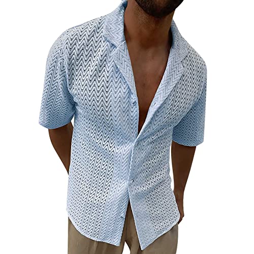 Celucke Strickhemd Herren Hohloberteil Sommer Aatmungsaktiv Hemd Männer Einfarbig Schlank Rever Hemden Kurzarm Lässig Freizeithemden Loose Shirt(Blau,XL) von Celucke