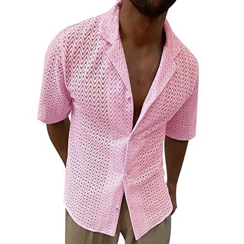 Celucke Strickhemd Herren Hohloberteil Sommer Aatmungsaktiv Hemd Männer Einfarbig Schlank Rever Hemden Kurzarm Lässig Freizeithemden Loose Shirt(Rosa,M) von Celucke