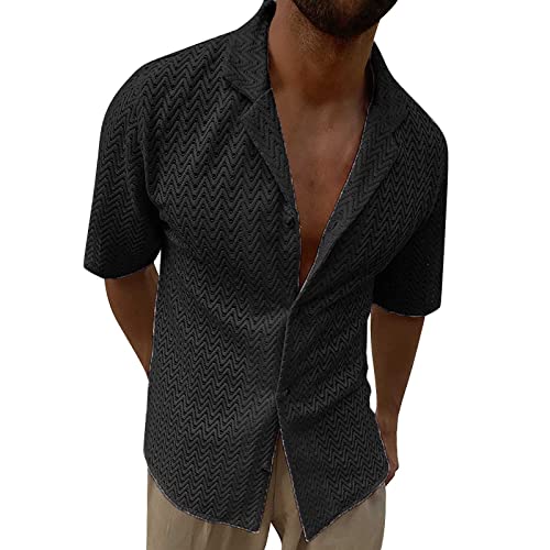 Celucke Strickhemd Herren Hohloberteil Sommer Aatmungsaktiv Hemd Männer Einfarbig Schlank Rever Hemden Kurzarm Lässig Freizeithemden Loose Shirt(Schwarz,L) von Celucke