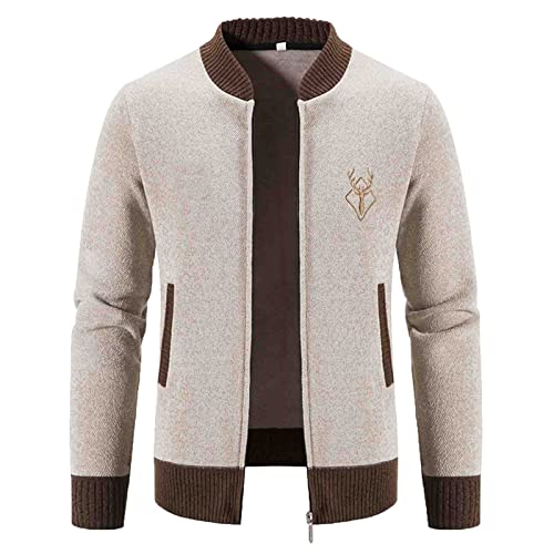 Celucke Strickjacke Herren Pullover Strick Jacke Winter Warme Übergangsjacke Cardigan Mit Reißverschluss Freizeit Pulli(Beige,XL) von Celucke