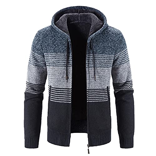 Celucke Strickjacke mit Kapuze Herren Cardigan Patchwork Windbreaker Jacken mit Reißverschluss Strickpullover Sweatjacke Wollmantel Strickmantel Kapuzensweatjacke von Celucke