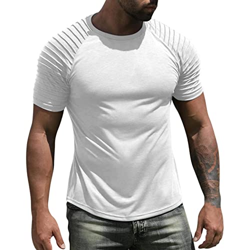 Celucke T-Shirt Herren Kurzarmshirt Einfarbig Sweatshirt O-Ausschnitt Bequeme mit Knopfleiste Slim Fit Freizeithshirts Sommer Kurzarm Muscle Shirt Oberteile Arm Plissee Workout Top(Weiß,M) von Celucke