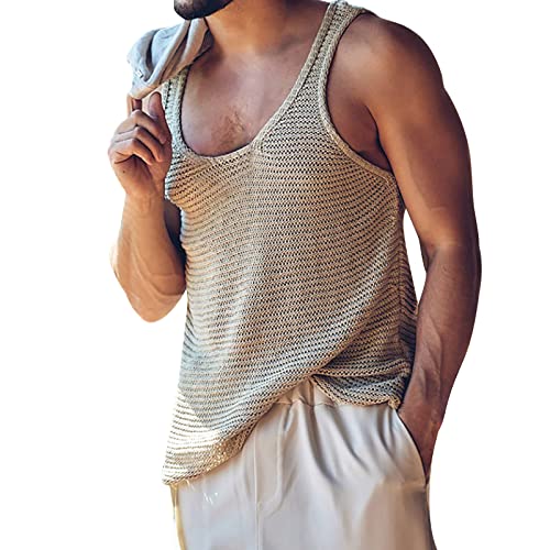 Celucke Tank Top Herren Hohl Sexy Tanktop Kupferweste Mesh Strick Muskelshirt Slim fit Summer Kurze Weste Mode Sport Unterhemd Ärmellose T-Shirts(Braun,XL) von Celucke