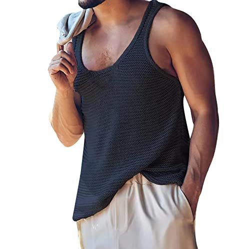 Celucke Tank Top Herren Hohl Sexy Tanktop Kupferweste Mesh Strick Muskelshirt Slim fit Summer Kurze Weste Mode Sport Unterhemd Ärmellose T-Shirts(Dunkelblau,XL) von Celucke