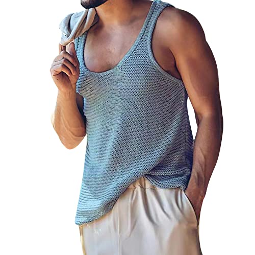 Celucke Tank Top Herren Hohl Sexy Tanktop Kupferweste Mesh Strick Muskelshirt Slim fit Summer Kurze Weste Mode Sport Unterhemd Ärmellose T-Shirts(Himmelblau,M) von Celucke