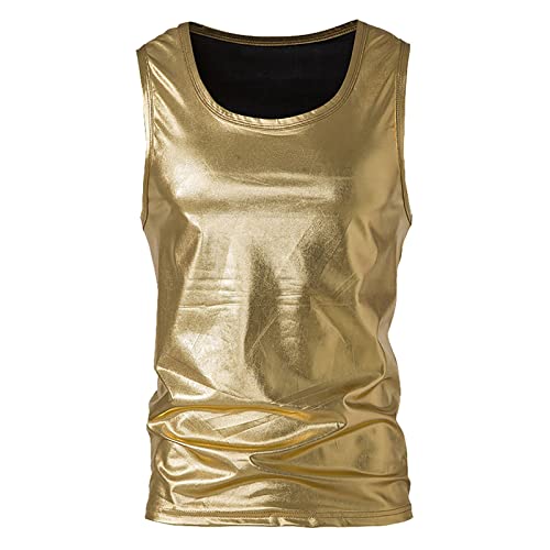 Celucke Tank Top Herren Metallic Pailletten Ärmellos Weste Sommer Mode Glänzendes Ärmelloses T-Shirt Bühnenweste Tanktops Sleeveless Shirt Performance Kostüm(Gold,L) von Celucke