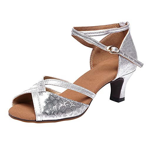 Celucke Tanzschuhe Damen Strass Pumps Open-Toe-Schuhe Glänzend Brautschuhe Blockabsatz Sandalen Niedrige Absätze Latein Tanzen Party Schuhe Abendschuhe Mode Frauen Hochzeitsschuhe 37-42 von Celucke