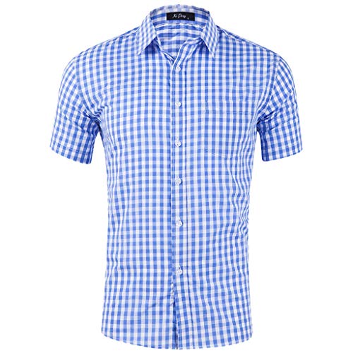 Celucke Trachtenhemd Herren Kurzarm-Hemden Oktoberfest Kariertes Flanellhemd holzfäller Hemd Freizeithemd Männer Checked Shirt Freizeit Business Party (Blau, L) von Celucke