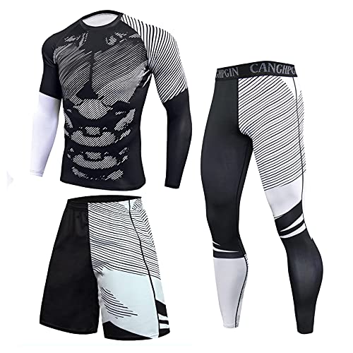 Celucke Trainingsanzug Herren Elastic Fitness Jogginganzug Atmungsaktiv Kompression Quick Dry Sweatshirts Sportanzug Dreiteiliger Anzug Gym Fitness Jogging Anzug+ Hose+Shorts von Celucke