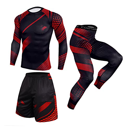 Celucke Trainingsanzug Herren Elastic Fitness Jogginganzug Atmungsaktiv Kompression Quick Dry Sweatshirts Sportanzug Dreiteiliger Anzug Gym Fitness Jogging Anzug+ Hose+Shorts von Celucke