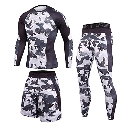 Celucke Trainingsanzug Herren Elastic Fitness Jogginganzug Atmungsaktiv Kompression Quick Dry Sweatshirts Sportanzug Dreiteiliger Anzug Gym Fitness Jogging Anzug+ Hose+Shorts von Celucke