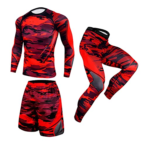 Celucke Trainingsanzug Herren Elastic Fitness Jogginganzug Atmungsaktiv Kompression Quick Dry Sweatshirts Sportanzug Dreiteiliger Anzug Gym Fitness Jogging Anzug+ Hose+Shorts von Celucke