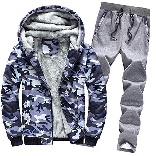 Celucke Trainingsanzug Herren Winter Warm Jogginganzug Camouflage Sportanzug mit Gefütterte, Männer Casual Kapuzenjacke Jogginghose Kombiteil Sweatjacke Traininghose Set (Blau, XXL) von Celucke