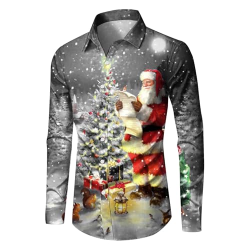 Celucke Weihnachten Hemd Herren Hawaii Hemd 3D Druck Slim Fit Hemden Weihnachtspullover Lustig mit Blumenmuster Langarm Ugly Shirt Freizeithemd X-Mas Hawaiihemd von Celucke