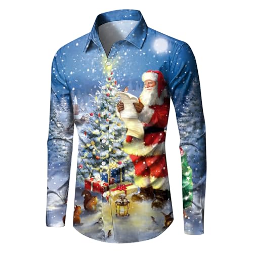 Celucke Weihnachten Hemd Herren Hawaii Hemd 3D Druck Slim Fit Hemden Weihnachtspullover Lustig mit Blumenmuster Langarm Ugly Shirt Freizeithemd X-Mas Hawaiihemd von Celucke