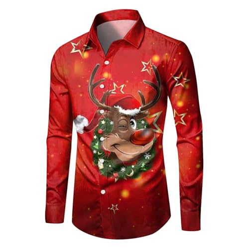 Celucke Weihnachten Hemd Herren Hawaii Hemd 3D Druck Slim Fit Hemden Weihnachtspullover Lustig mit Blumenmuster Langarm Ugly Shirt Freizeithemd X-Mas Hawaiihemd von Celucke