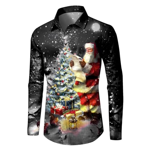 Celucke Weihnachten Hemd Herren Hawaii Hemd 3D Druck Slim Fit Hemden Weihnachtspullover Lustig mit Blumenmuster Langarm Ugly Shirt Freizeithemd X-Mas Hawaiihemd von Celucke