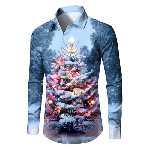 Celucke Weihnachten Hemd Herren Hawaii Hemd 3D Druck Slim Fit Hemden Weihnachtspullover Lustig mit Blumenmuster Langarm Ugly Shirt Freizeithemd X-Mas Hawaiihemd von Celucke