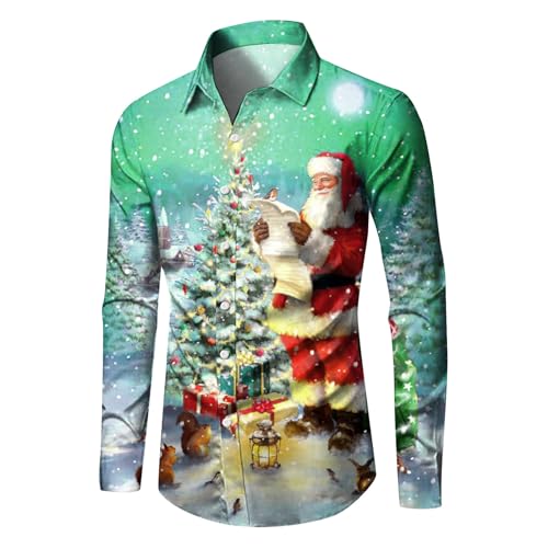 Celucke Weihnachten Hemd Herren Hawaii Hemd 3D Druck Slim Fit Hemden Weihnachtspullover Lustig mit Blumenmuster Langarm Ugly Shirt Freizeithemd X-Mas Hawaiihemd von Celucke