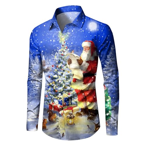 Celucke Weihnachten Hemd Herren Hawaii Hemd 3D Druck Slim Fit Hemden Weihnachtspullover Lustig mit Blumenmuster Langarm Ugly Shirt Freizeithemd X-Mas Hawaiihemd von Celucke