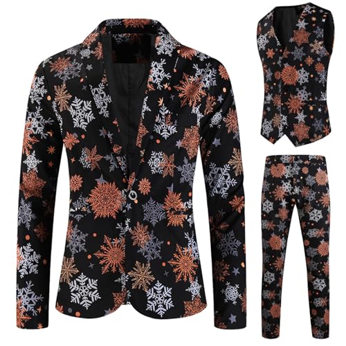 Celucke Weihnachtsanzüge Herren 3-Teilig Slim Fit Button Lustig Drucke Formal Weihnachten Anzug Sakko Blazer Mantel Partyanzug für Festlich Party Abend Hochzeit Anzugjacke + Anzughose + Weste Set von Celucke
