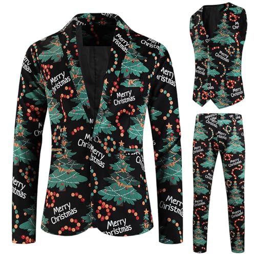 Celucke Weihnachtsanzüge Herren 3-Teilig Slim Fit Button Lustig Drucke Formal Weihnachten Anzug Sakko Blazer Mantel Partyanzug für Festlich Party Abend Hochzeit Anzugjacke + Anzughose + Weste Set von Celucke