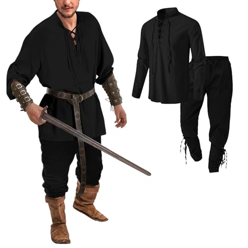 Celucke Wikinger Kostüm Herren Hemd Piratenkostüm Leinenstoff Renaissance Kleidung Mittelalterliche Kleidung Klassisches Schnürhemd Piratenhemd Hose Accessoire Set 4-teiliges Set Cosplay Top von Celucke