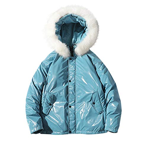 Celucke Winterjacke Herren Steppjacke aus Vinyl Mit Kunstfell Kapuze, Männer Mode Pufferjacke Wattierte Jacke Winter Warm Kapuzenjacke Daunenjacke Winterparka (Blau, XL) von Celucke