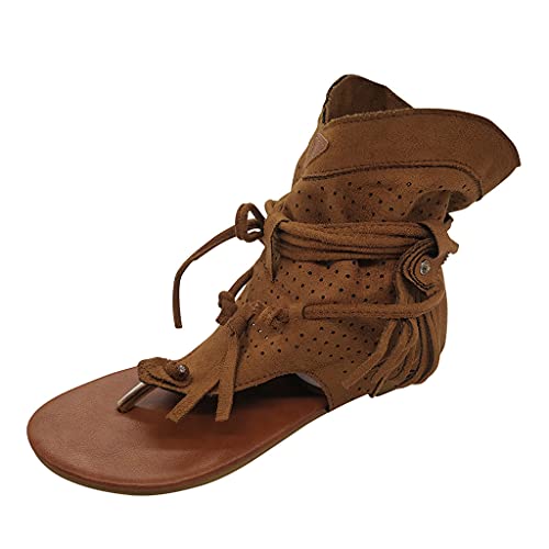 Celucke Zehentrenner Sandalen Sommer Flip Flops Damen Flache Schuhe mit Fransen,Retro Sandaletten Aushöhlen Römersandalen Knöchelwickel Slides von Celucke