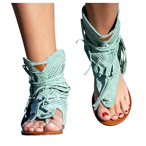 Celucke Zehentrenner Sandalen Sommer Flip Flops Damen Flache Schuhe mit Fransen,Retro Sandaletten Aushöhlen Römersandalen Knöchelwickel Slides von Celucke